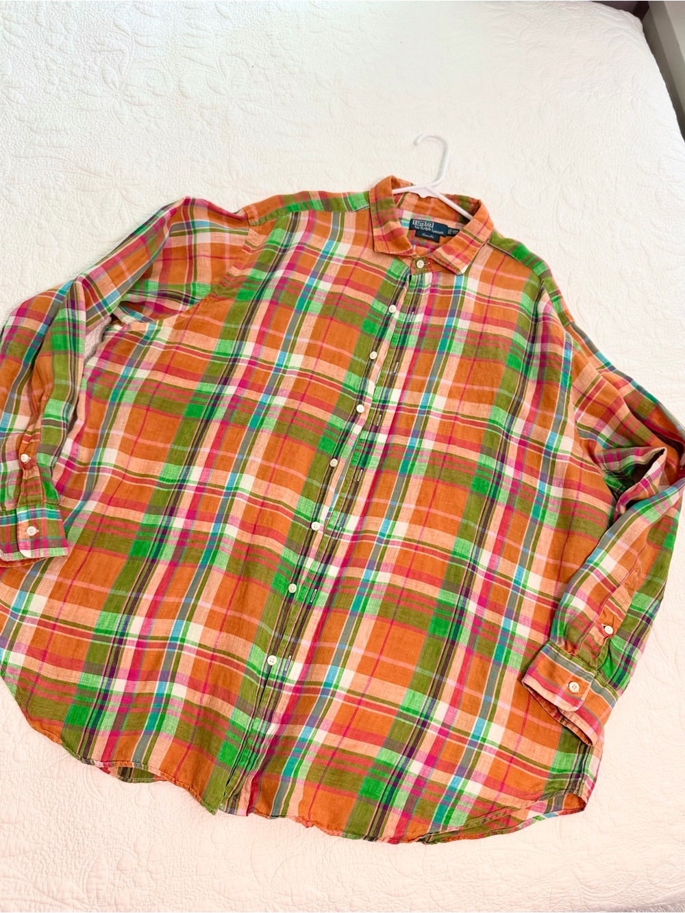 Polo Ralph Lauren Men's 3XB 100% Linen Orange Plaid Button Up Long Sleeve Shirt